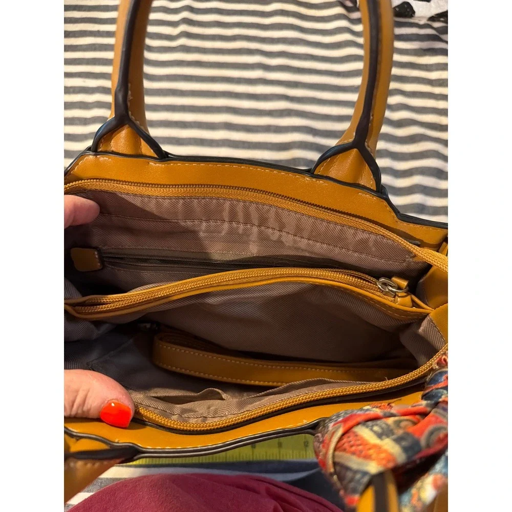 London Fog Tan Belmont Satchel Handbag with Paisley Scarf Accent